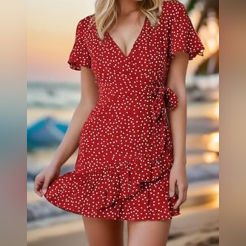 Burgundy & White Polka-dot Knot side wrap-line short dress Size L